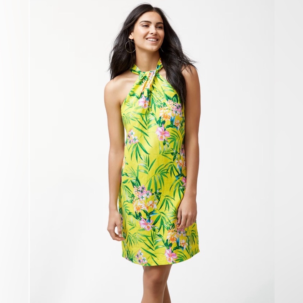 Tommy Bahama Humming A Bloom Linen Yellow Floral Halter Dress‎ NWOT Medium